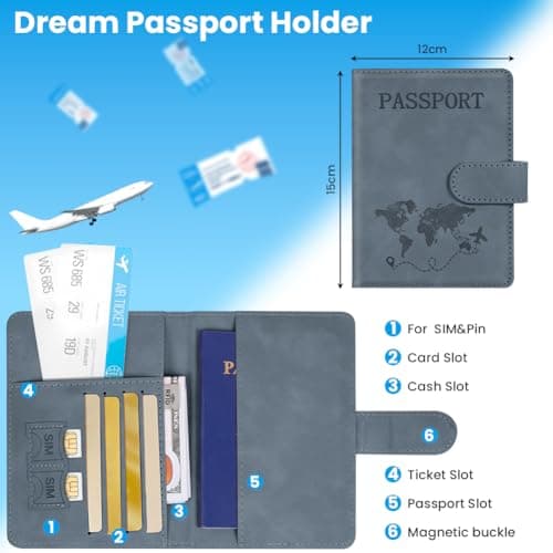 AOOTE Passport Holder Cover Wallet Case, PU Leather RFID Blocking Passport Cover Case with Card Slots, Passport Holder for Passports Ticket Boarding Passes Credit Cards Business Cards, Sea Grey — view 2