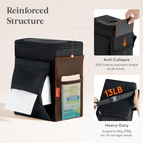 Lifewit Car Bin with Lid, Hanging Trash Bag with Tissue Holder, Black — view 3