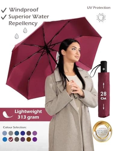 Windproof Travel Umbrella - Compact, Light, Full Automatic Open/Close - Folding Backpack Umbrella for Rain & Sun UV Preotection For Men & Women, Unbreakable 8 Fiberglass Ribs UK Design (Burgundy) — view 2