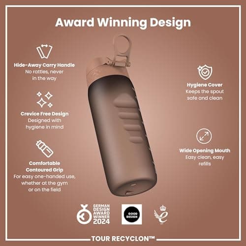 Ion8 Sports Water Bottle, 750 ml/24 oz, Leak Proof, Easy to Open, Secure Lock, Dishwasher Safe, BPA Free, Flip Cover, Carry Handle, Soft Touch Contoured Grip, Easy Clean, Odour Free, Mocha Mousse — view 6