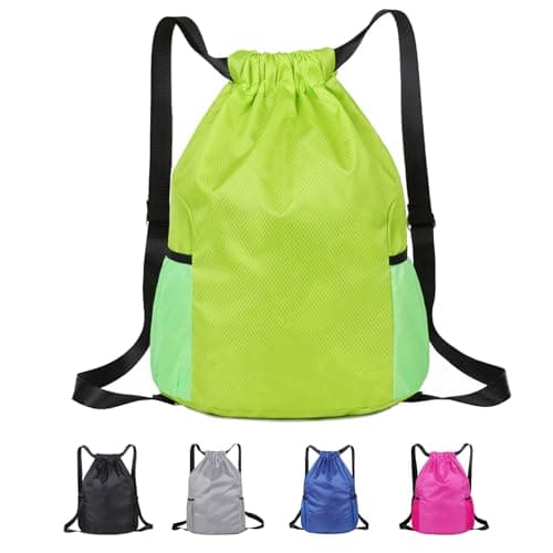 Toced Drawstring Bag, Unisex Large Sports Backpack String Drawstring PE Bags, Sport Gym Sack have Two Side Pockets, Travel Beach Swim School Bag with Waterproof (Green)