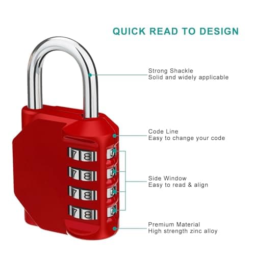 ZHEGE Combination Padlock, 4 Digit Combination Locker Padlock (Red) — view 3