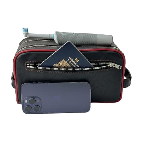Travel Dopp Gift cosmetic VI PRESTIGE premium quality Classic Toiletry Bag large capacity two compartments YKK zippers water-resistant bottom studs mesh pockets durable organizer unisex BLACK/BURGUNDY — view 5