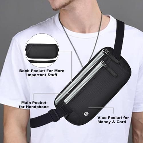 Travel Money Belt Secure RFID Blocking Money Belts for Travel Hidden Men Waterproof Undercover Travel Waist Bag Anti Theft Travel Wallet for Passport, Phone, Credit Cards & Cash, Dark Grey — view 3