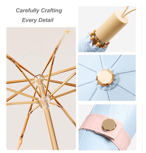 LCY Folding Umbrella Anti-UV Parasol with Wooden Handle Sunproof Rainproof & Windproof Umbrella-White&Khaki — view 3