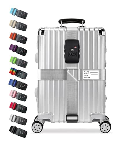 Cross Luggage Straps with TSA Lock, Adjustable Suitcase Belts for 20–32 Inch Luggage, Heavy Duty Travel Straps with 3-Digit Combination Lock & Name ID Tags, Secure Travel Accessories (Silver)