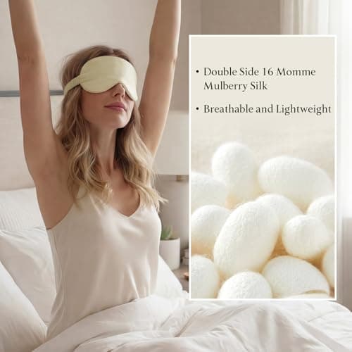 Beige 3D Contoured Silk Sleep Mask, Luxurious Smooth Eye Cover with Elastic Adjustable Strap, Breathable Cooling Light Blocking Blindfold for Men Women, Portable Eye Mask for Work Travel Night Sleep — view 3