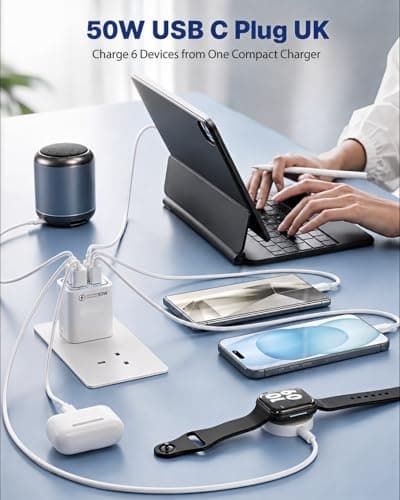 2 Pack USB C Plug UK 50W, Tupneuf 6 Port USB Charger with 30W PD/PPS & 20W QC, Multiport Fast Charger for iPhone 17 16 15 Pro Max, iPad Pro Air, Samsung Galaxy S25 S24 S23, White Set — view 2