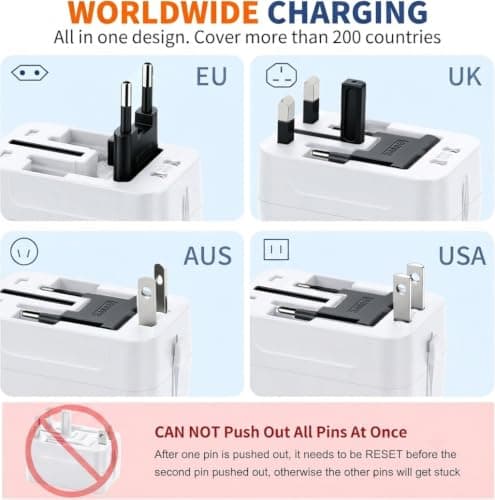 Universal Travel Adapter Worldwide with 2 USB C and 2 USB A Ports, Travel Adapter UK to Europe Dual 8A Fuses All In One International Travel Adapter Portable Charger for EU USA UK AU Japan Asia Plugs — view 6