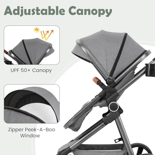 COSTWAY Baby Pushchair, Foldable Travel System Pram with Reversible Seat, Adjustable Canopy & Backrest, Storage Basket, Cup Holder, Aluminum Structure Stroller for 0-36 Months (Grey) — view 3