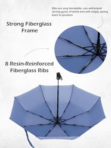 Windproof Travel Umbrella - Compact, Light, Full Automatic Open/Close - Folding Backpack Umbrella for Rain & Sun UV Preotection For Men & Women, Unbreakable 8 Fiberglass Ribs UK Design (Pigeon Blue) — view 4