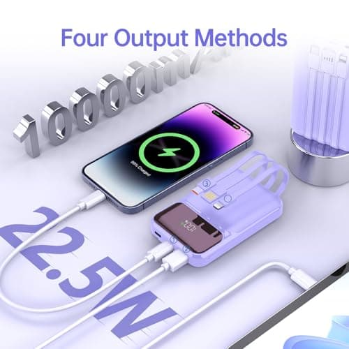 Power Bank With Built in Cables 10000mAh, 22.5W Fast Charge Portable Charger, USB C Battery Pack with 4 Outputs & 3 Inputs Compatible with iPhone 16 15 14 13 iPads Tablets and More — view 2