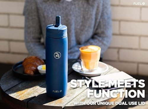 Fuel24 Duo - Stainless Steel Water Bottle 700ml or 1L - Vacuum Insulated Metal Flask with Straw (Dual use Lid) 1 Litre - for Sports, Gym, Work – Slim Design (Midnight, 1000 ml) — view 5