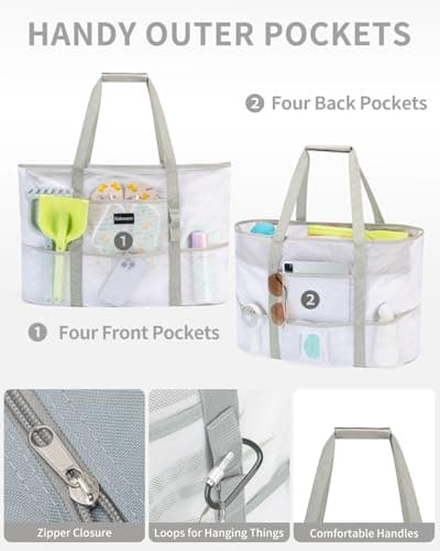 Large Beach Bag with Zip Mesh Beach Bags for Women Men Family, L White — view 5