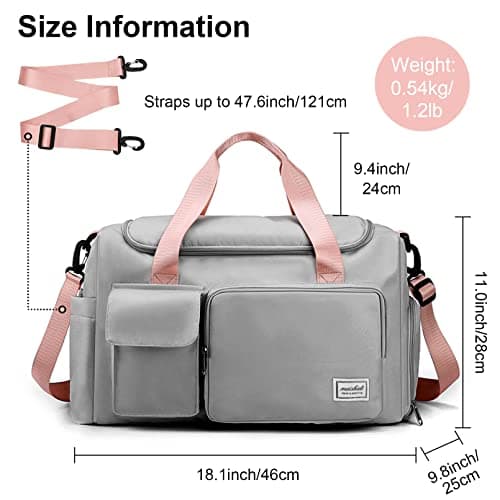 RainFlowwer Travel Duffel Bag Women Men,Sports Gym Bag with Shoes Compartment,Waterproof Travel Bag Overnight Bag with Dry Wet Separated Pocket,Carry Luggage Bag Weekender,Sports,Gym,Travel(Grey&Pink) — view 3