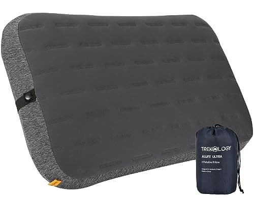 TREKOLOGY Camping Pillow - Large Inflatable (60x38cm) for Home-Like Comfort, Portable & Ergonomic, Easy to Clean, Durable & Leak-Proof, Adjustable Removable Strap for Secure Fit – ALUFT Ultra (Grey)