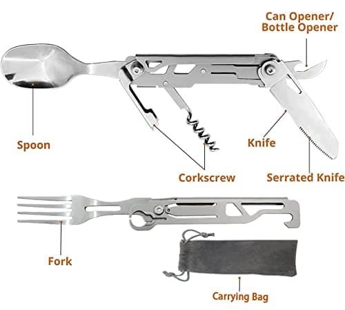 HONZIN Folding Camping Cutlery Set, 5 in 1 Multifunctional Portable Stainless Steel Cutlery, Outdoor Detachable Tableware Utensil for Travel, Hiking, Picnic, with Drawstring Pouch (2 Packs) — view 2
