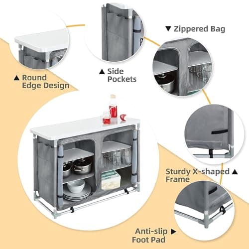 The Fellie Camping Kitchen Folding Camp cupboards Outdoor Kitchen Tables and Storage Units for Picnic and BBQ Grey, 100x50x80cm — view 6