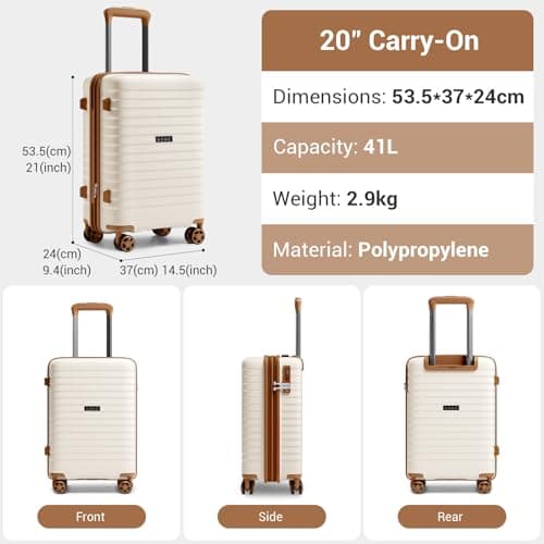 Kono 20 Inch Expandable Cabin Suitcase with Cup Holder & Side Hook, Lightweight PP Hard Shell Carry On Luggage for Short Trips, Airline Approved Small Travel Case (Cream) — view 3