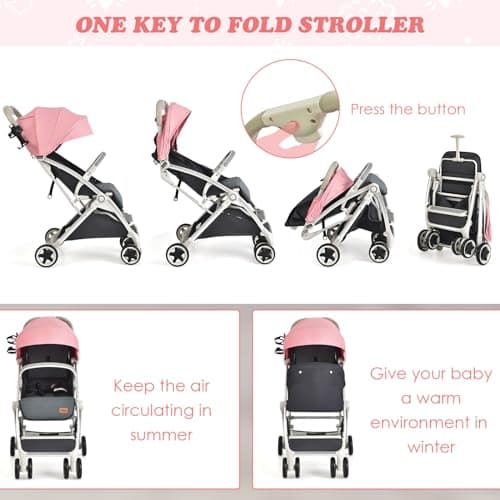 GYMAX Baby Foldable Stroller with Safety Belt, Storage Basket(Pink) — view 3