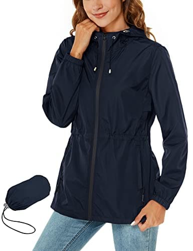 Rapbin Womens Raincoat Waterproof Jackets Outdoor Rain Trench Coat Lightweight Quick Dry Packable Hooded Raincoats with Pockets Navy Blue XXL
