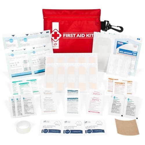 Travel First Aid Kit with OTC Medicines Compact Kit for Cruise & International Travel - Reusable & Refillable Zippered Case with Clip
