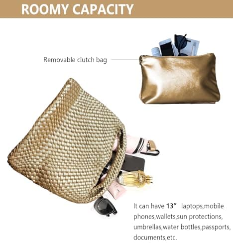 Dyalsa Women 2PCS Woven Tote Bag, Gold Leather Handbag Large Summer Beach Bag and Purse Handmade Hobo Bag Clutch Bag Set AL-010GD — view 5