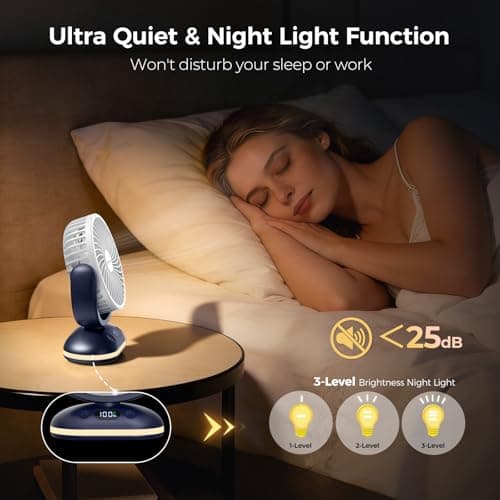 TriPole 4000mAh Rechargeable Desk Fan 31H Runtime, 4 Speed Portable USB Fan with LED Display, Battery Operated Ultra Quiet Table Fans, Head Adjustable for Office, Bedroom, Camping, Travel (Navy Blue) — view 5