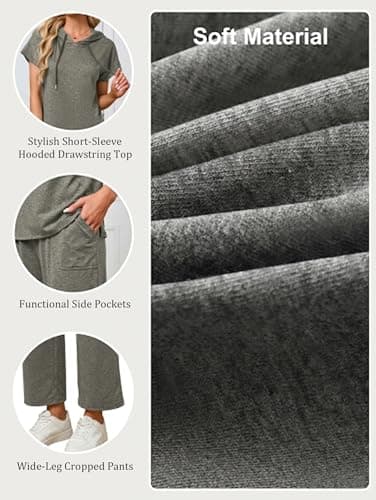 Famulily 2 Piece Sets for Women Casual Summer Travel Outfits Short Sleeve Hoodies &Lounge Cropped Pants Grey Coffee L — view 4