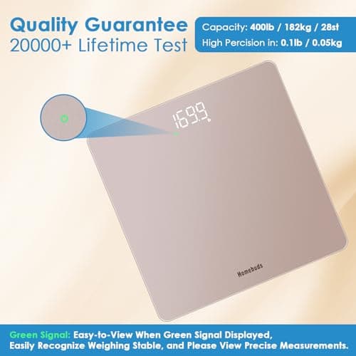 Homebuds Smart Bathroom Scales, High Precision 0.1lb by Our Professional Factory Since 2001, Scales for Body Weight Step-On and Bright LED, App Sync with Weights and BMI, 28st/400lb/182kg, Rose Gold — view 3