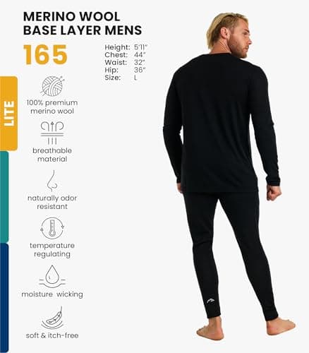 100% Merino Wool Base Layer Men Set - Thermal Underwear Mens + Hiking Socks (Large, 165 LITE Black) — view 2
