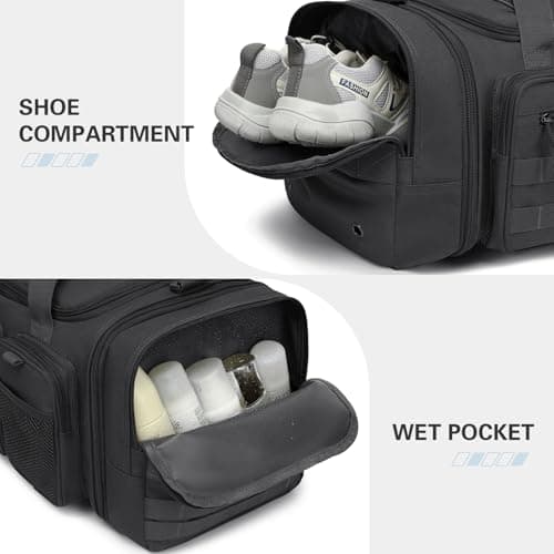 Tonruyn Tactical Duffle Bag Backpack for Men 40-45L Expandable Military Travel Duffel & Sports Holdall Gym Bag with Shoe Compartment Wet Pocket Medium Weekender Overnight for Camping Luggage, Black — view 4