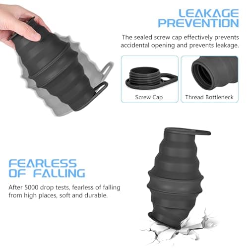 Nefeeko Collapsible Water Bottle,17oz(500ml) Reuseable BPA Free Silicone Foldable Water Bottles for Travel Gym Camping Hiking, Portable Leak Proof Sports Water Bottle with Carabiner — view 5