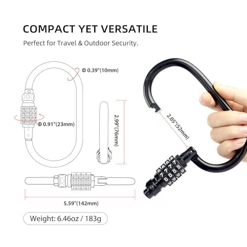 UP Security Combination Lock D Ring with Retractable Cable, 4 Digit Combo Lock for Helmet Safe, Backpack, Luggage Anti-Theft, Stroller, Scooter, Gym Locker, Fence, Travel, Outdoor Use (Oval, Black) — view 2