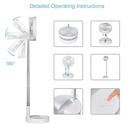Rechargeable Portable Desk Foldaway Fan with Battery , Working Time 6~24 Hours 4 Speed settings Stretchable Quiet Floor wireless Fan for Outdoor Camping Tent Travel and Home office Personal Use,White — view 4