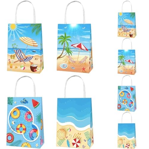 POPOYU 8Pcs Summer Swimming Pool Gift Bags,Pool Party Gift Bags,Beach Party Kraft Paper Tote Bags with Handles,Under the Sea PartyBag for PoolParty Accessories Wrapper Boxes