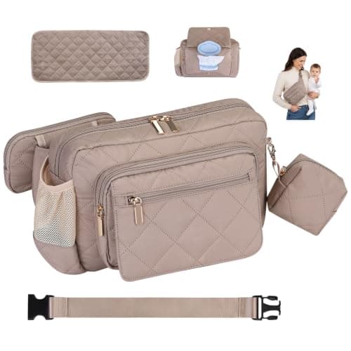 Rexmore Puffer Quilted Diaper Fanny Pack, Crossbody Mom Purse, Khaki
