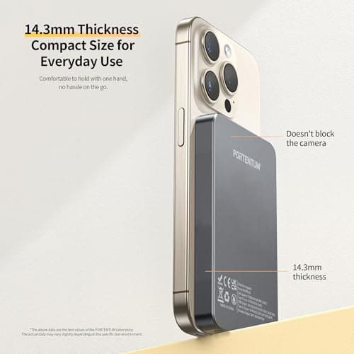 PORTENTUM MagSafe compatible power bank fast charging 10000 mAh ultra-slim 14 mm – Portable charger magnetic 22.5W PD & QC – Qi 15W wireless – Battery pack USB-C + USB-A for iPhone Smartphones Tablets — view 2