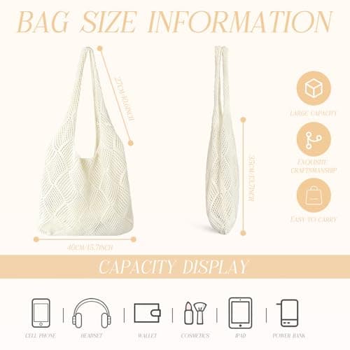 GLGHMH Crochet Mesh Beach Tote Bag, Beige Knit Boho Shoulder Hollow Bag, Women Holiday Shoulder Bag for Travel Shopping Vacation Beach Work — view 3