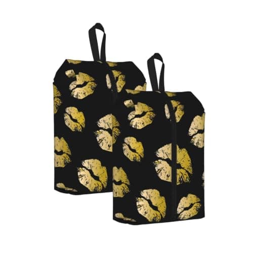 Gold Lips Print Waterproof Shoe Bag Travel Bag with Carry Strap Storage Bag Versatile Cosmetic Bag-2pcs
