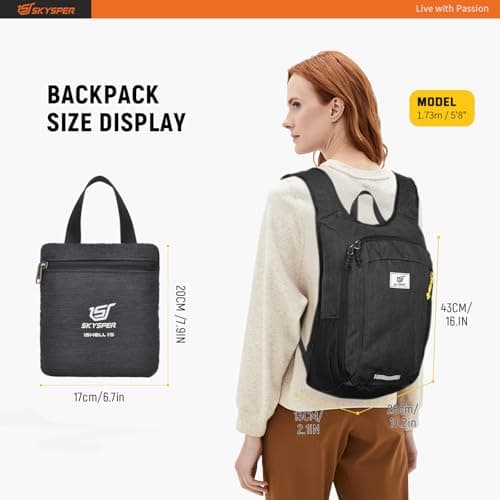 SKYSPER Small Daypack 15L Hiking Backpack Packable Lightweight Travel Compact Foldable Rucksack for Women Men(Black) — view 6