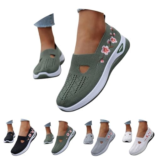 Orthopedic Shoes for Women,Women Comfy Orthopedic Walking Shoes Womens Lightweight Slip-On Knitted Embroidery Sneakers Comfortable Walking Shoes Breathable Slip On Arch Support Non-Slip Sneakers