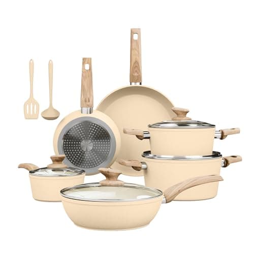Kitchen Academy Induction Hob Pots and Pans Set Non Stick, Beige
