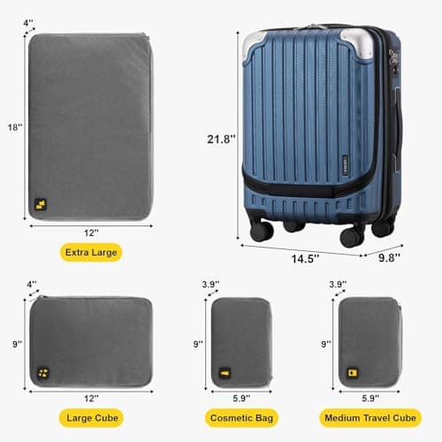 LEVEL8 Carry on Suitcase Expandable with 4pcs Luggage Organiser Set, 55CM Hand Case with Laptop Compartment ABS+PC Hardshell Spinner Cabin Size with 4Wheel TSA, Blue — view 2