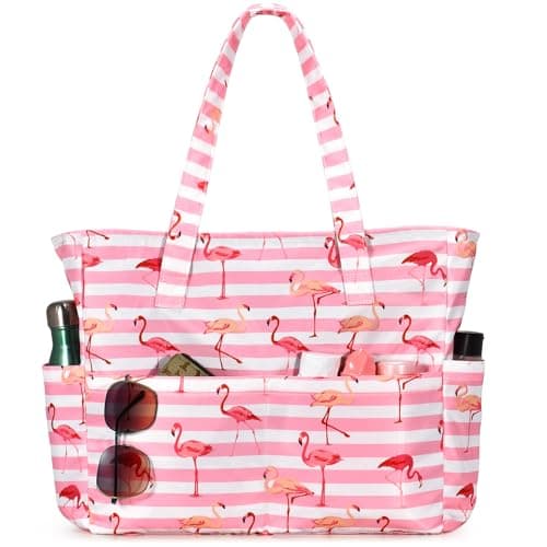 oscaurt Beach Bags Large Tote Bag with Zip Waterproof Foldable Weekend Bag Lightweight Travel Gym Bag for Women Holiday Essentials Handbags with Multi Pockets