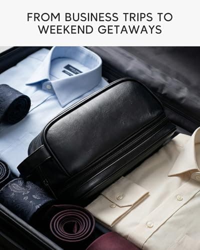 Approved Vegan Leather Toiletry Bag for Men, Travel Essentials Shaving Dopp Kit with 180° Drop-Bottom Opening, Compact Grooming Organiser for Business Trips and Gym — view 4