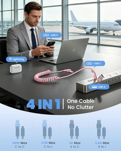 4 in 1 Multi Coiled USB C Cable for Car, 60W 3A Fast Charger Cable & Data Cable for Car Play & Android Auto, USB C/A to Lightning, USB C/A to USB C for iPhone 17 16, Android and Laptop, 4FT/Pink — view 2