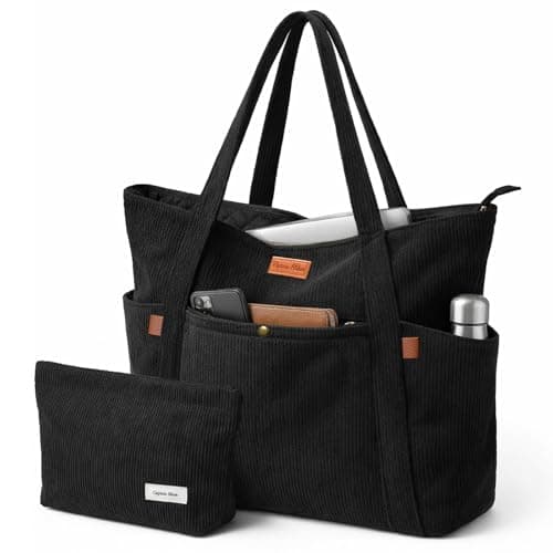 Captain Blues Tote Bag for Women with Zip, Large Capacity Work Bag with Compartments & Pockets, Soft Cotton Lining, for College, Teacher, Uni, School, Travel, Shopping (Black)
