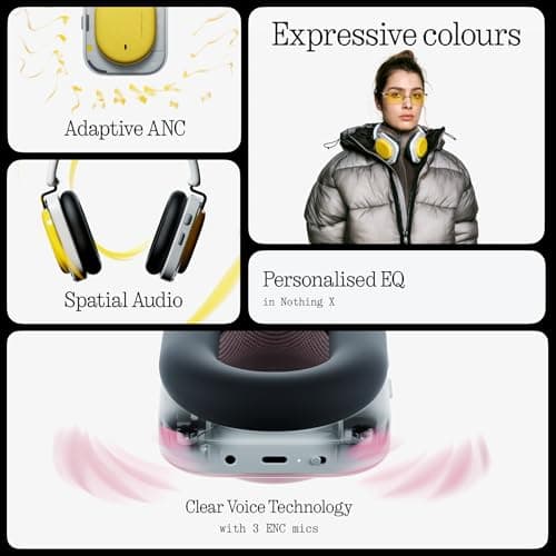 Nothing Headphone (a) 2026 New, Adaptive Active Noise Cancelling Headphones, Wireless Over Ear Bluetooth 5.4 ANC Headset with LDAC Hi-Res, 5 HD Mics Ultra Bass via APP, 135 Hours Playtime, Yellow — view 3