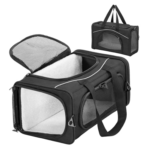 Petsfit Kitten Carrier Airline Approved,Travel Cat Carrier Bag for Small Cats and Puppy Under 4KG, Top Loading carrier small size on Airplane, Transport Carrier-42cm×28cm×22cm,Black